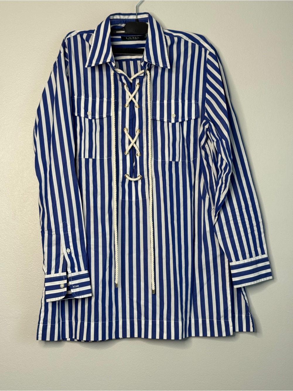 Lauren Ralph Lauren Tunic Cotton M Blue White Striped Lace Up Nautical Coastal - Picture 2 of 13